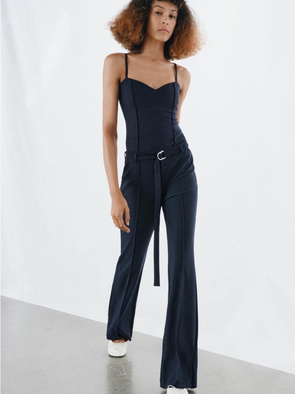 Zara Navy Blue Stretch Crepe Belted Flared Trousers - Small NWT